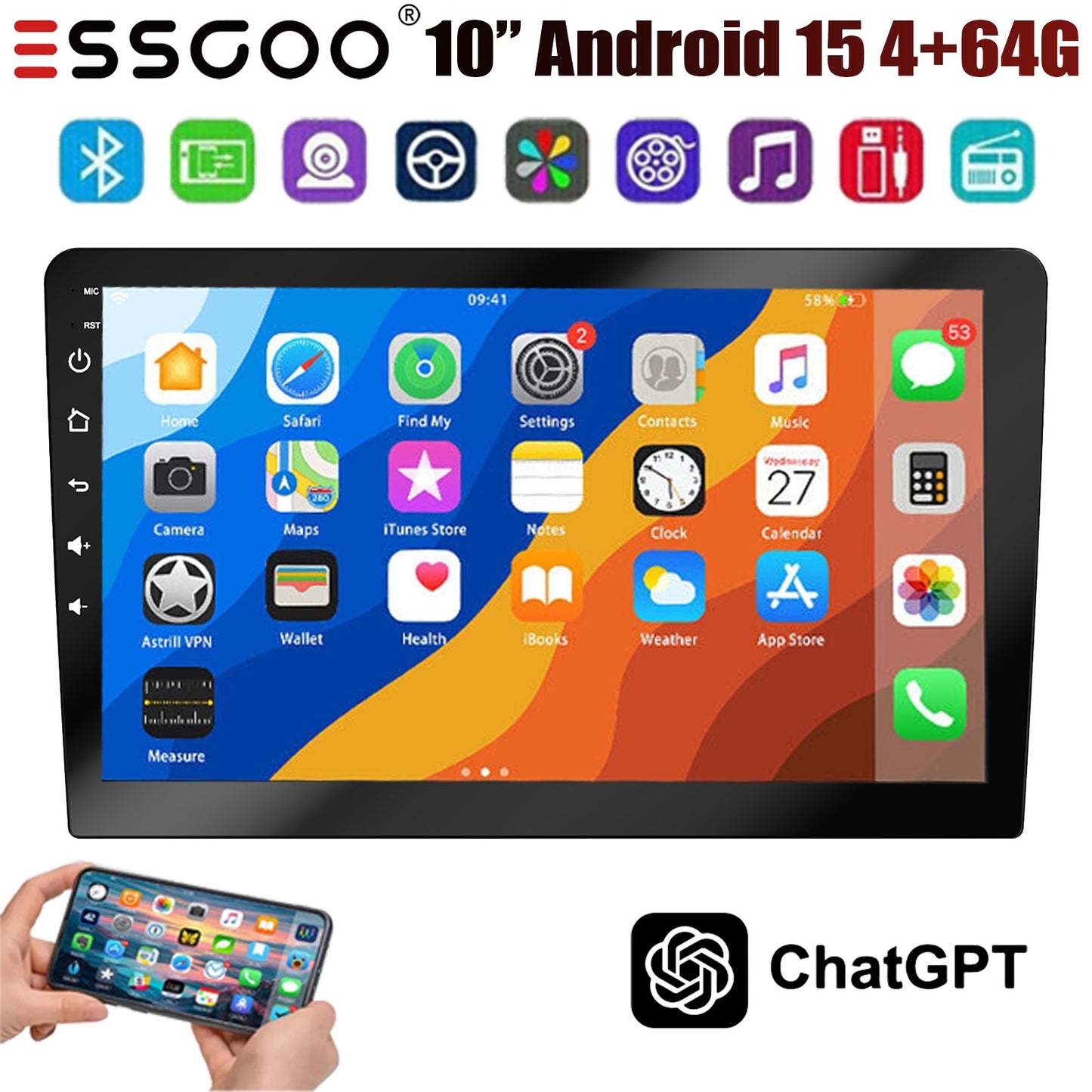 Rádio Estéreo Automotivo de 7/9/10 Polegadas Duplo 2 Din 4+64G Android 15 ChatGpt AI WIFI GPS Navegação FM/RDS Bluetooth SWC Unidade Principal+DVR&AHD