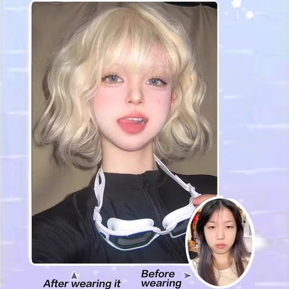Peruca Sintética Lolita Curta Cacheada 12 Polegadas Doce E Adorável Dourado-Branco Natural Fofa Cabelo Ondulado Cosplay Peruca De Cabeça Cheia Para
