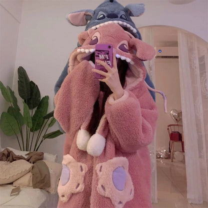 Disney Stitch Winter Pajamas Cartoon Autumn And Winter Cute Coral Thickened Velvet Long Home Clothes Pajamas Girls Home Clothes