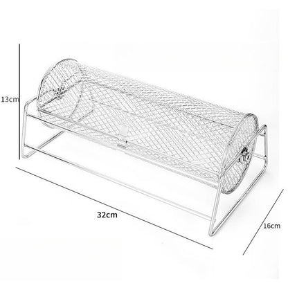 1 Rotating BBQ Grill Basket - Stainless Steel Mesh Roasting Cage with Handle, Portable Rolling Grill for Camping & Picnics
