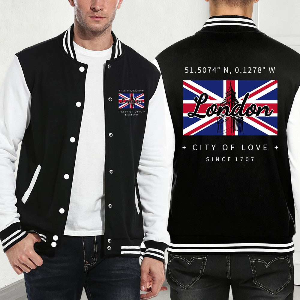 London City Of Love Flagprinting Baseball Coat Mens Winter Pocket Jackets Basics Fleece Warm Tops Street Loose Men'S Clothes