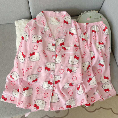 Cartoon Hello Kitty Pajamas Set Women's Autumn Winter Long Sleeve Loungewear Pink Cute Sleepwear Kawaii Soft Homewear Outfit