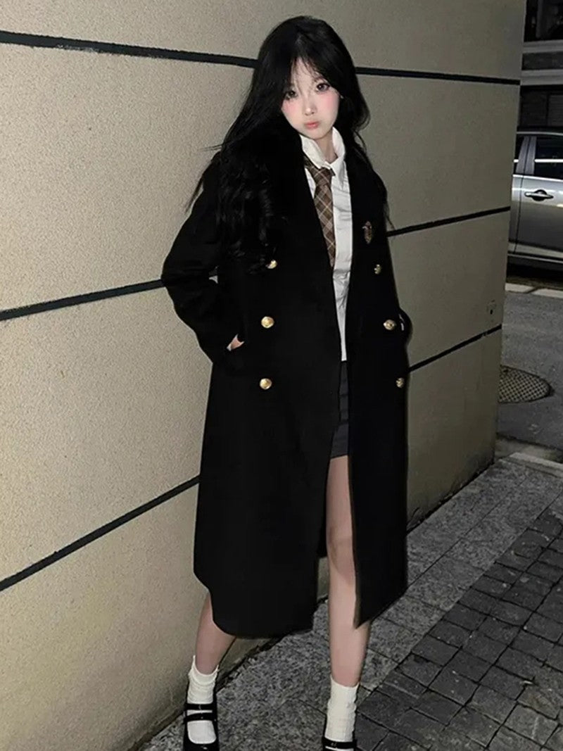 Jk Uniform Wool Coat Women Fashion Japanese Preppy Elegant Badge Black Midi Outwear Autumn Winter Sweet Long Sleeve Quilted Tops
