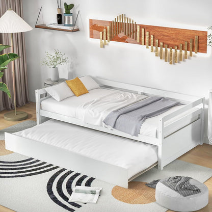Twin Daybed with Trundle White, Wood Trundle Bed with Wood Slat Support, Mid Century Day Bed Frame for Living Room Guest
