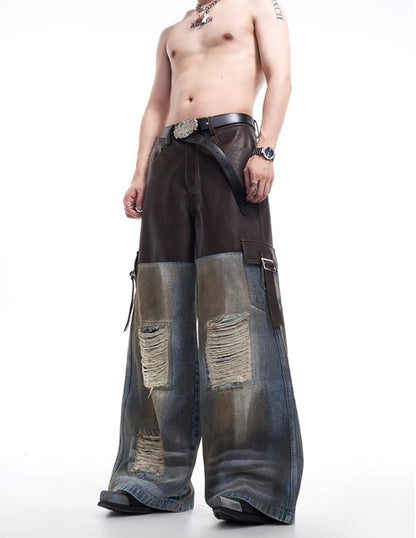 2024 American vintage do old piece-leather destruction denim jacket men fall dirty jacket