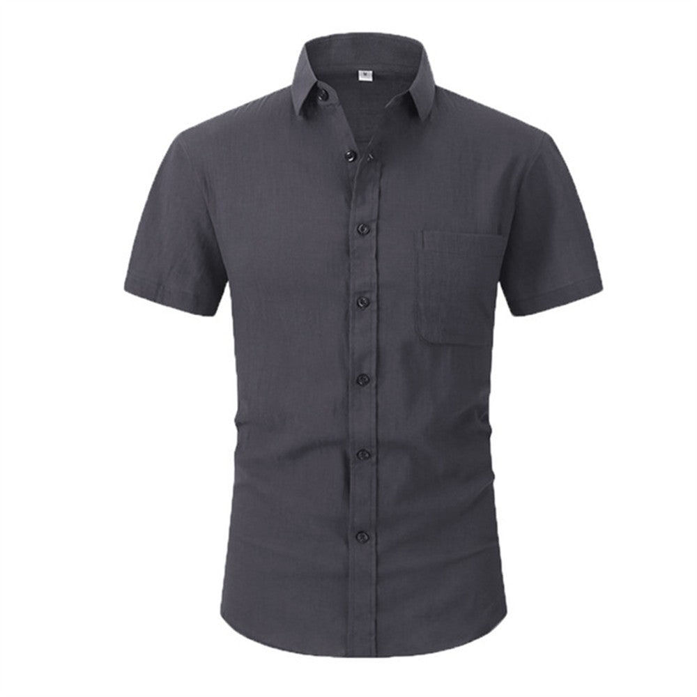 Cotton Line Hot Sale Men's Short-Sleeved Shirts Summer Solid Color  Turn-down collar Casual Beach Style Plus Size