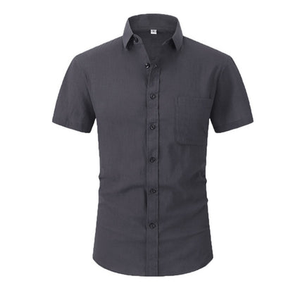 Cotton Line Hot Sale Men's Short-Sleeved Shirts Summer Solid Color  Turn-down collar Casual Beach Style Plus Size