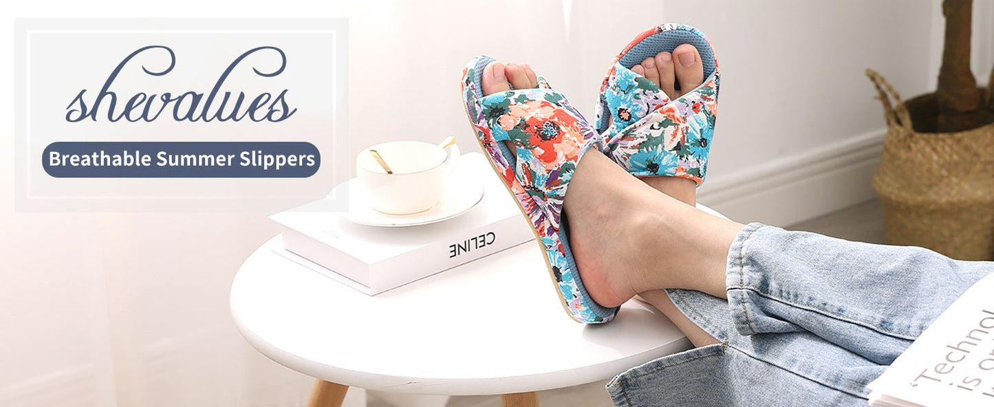 Comwarm Waffle Indoor Cotton Slippers For Women Open Toe Anti-Slip Home Slippers Four Seasons Flats Slippers with Arch Support