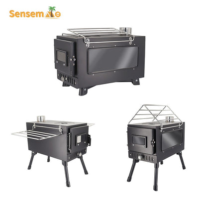 Fogão a Lenha Dobrável para Acampamento, Aquecedor de Tenda Portátil com Chaminé Destacável de 5 Seções, Queimador de Lenha para Pesca no Gelo, Para Cozinhar e Churrasco ao Ar Livre