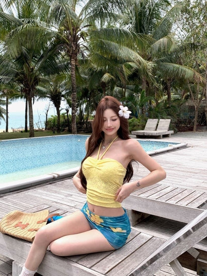 French Drawstring Blue Floral Tube Top Women Separate Swimwear Set Coastal Summer Vacation Beach Holiday Swimsuit for Girl