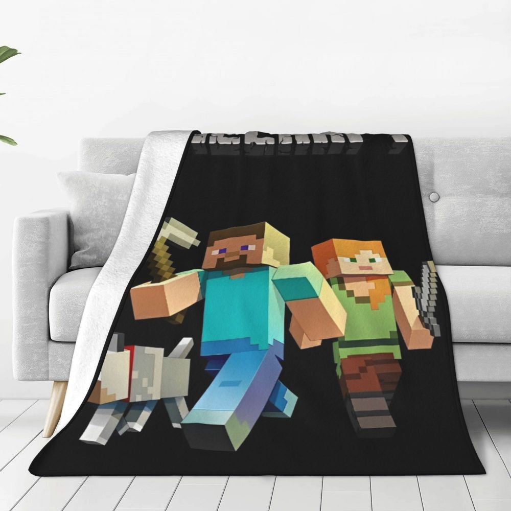 Cartoon Mines Pixel Game Crafts Flannel Blanket Super Warm Throw Blanket for Home Decor Decorative Street Trend Bedspread