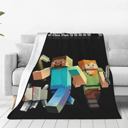Cartoon Mines Pixel Game Crafts Flannel Blanket Super Warm Throw Blanket for Home Decor Decorative Street Trend Bedspread