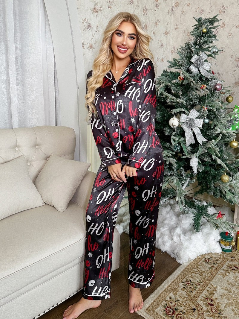 Cute Elk Print Satin Pajama Set Cozy Christmas Suit Long-Sleeve Lapel Top And Pants Comfortable Fit Parties And Theme Events Pjs