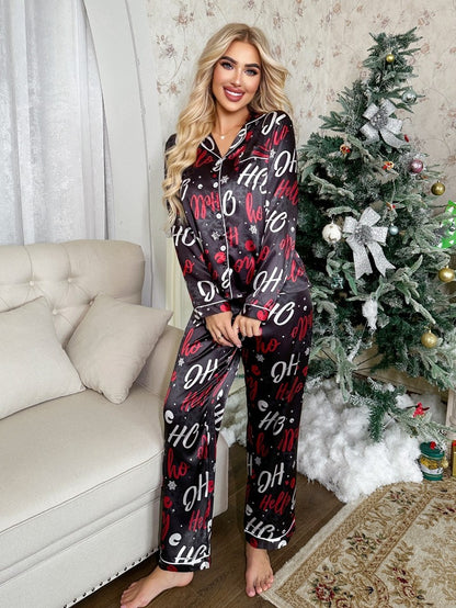 Cute Elk Print Satin Pajama Set Cozy Christmas Suit Long-Sleeve Lapel Top And Pants Comfortable Fit Parties And Theme Events Pjs