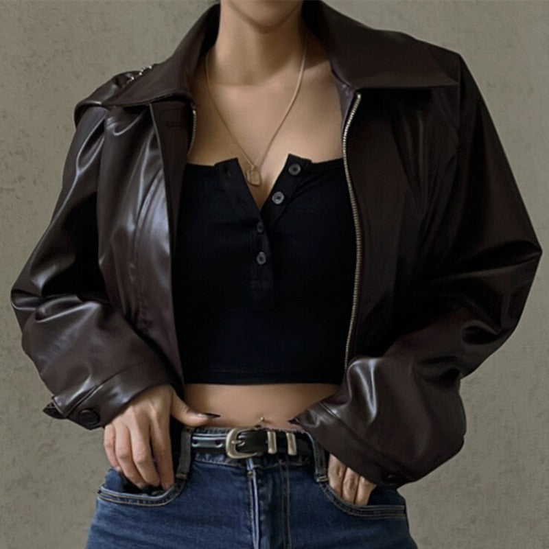 2025 Fashion Faux Leather Jacket Aesthetic Fashion Streetwear Turn-down Collar Coat Women Autumn Casual Simple Long Sleeve Coats