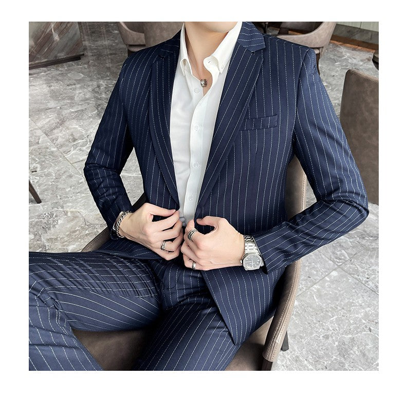 Men's Fashion High-Quality Slim Fit Two-Piece Suit Set Spring Autumn Stripes Business Casual Trousers And Jacket Combo