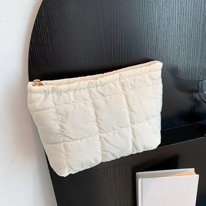 Cotton Filled Puffer Pouch PU Leather Storage Purse Puffer Padded Makeup Bag Waterproof Solid Color Thick Plaid Clutch Bag Work