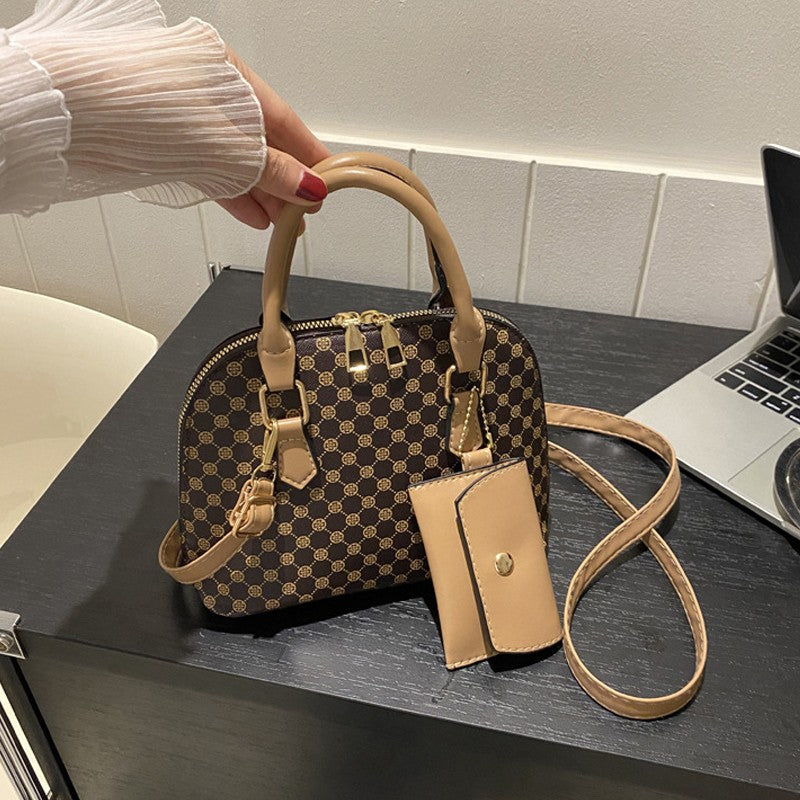 Luxury Shell Fashion Women's Handbag Simple Shoulder Bag Plaid Print Crossbody Bag with Mini Purse