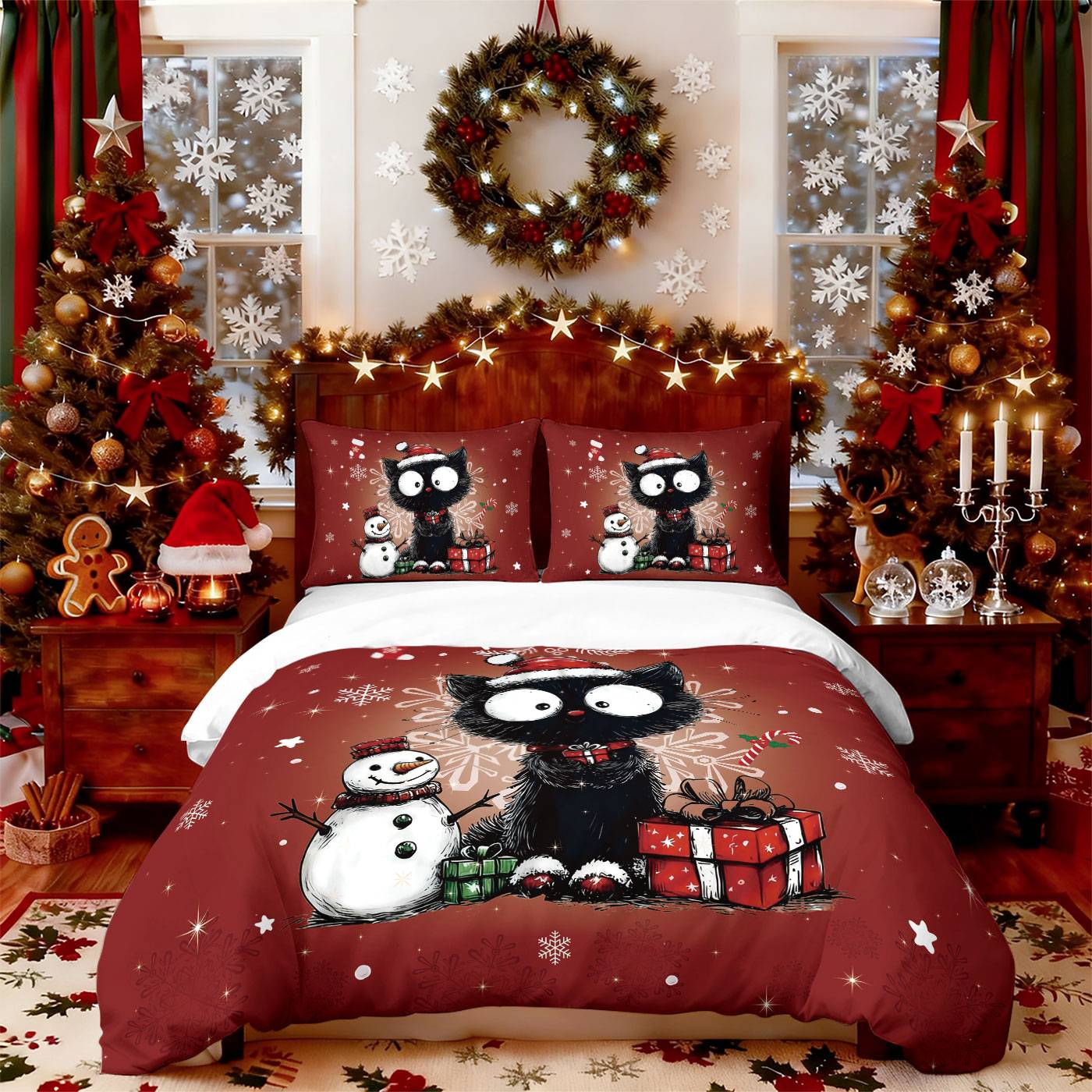 3pcs Christmas Cute Black Cat Print Choreless Bedding Set Multiple Size Bedroom Bedding Holiday Decoration Machine Washable