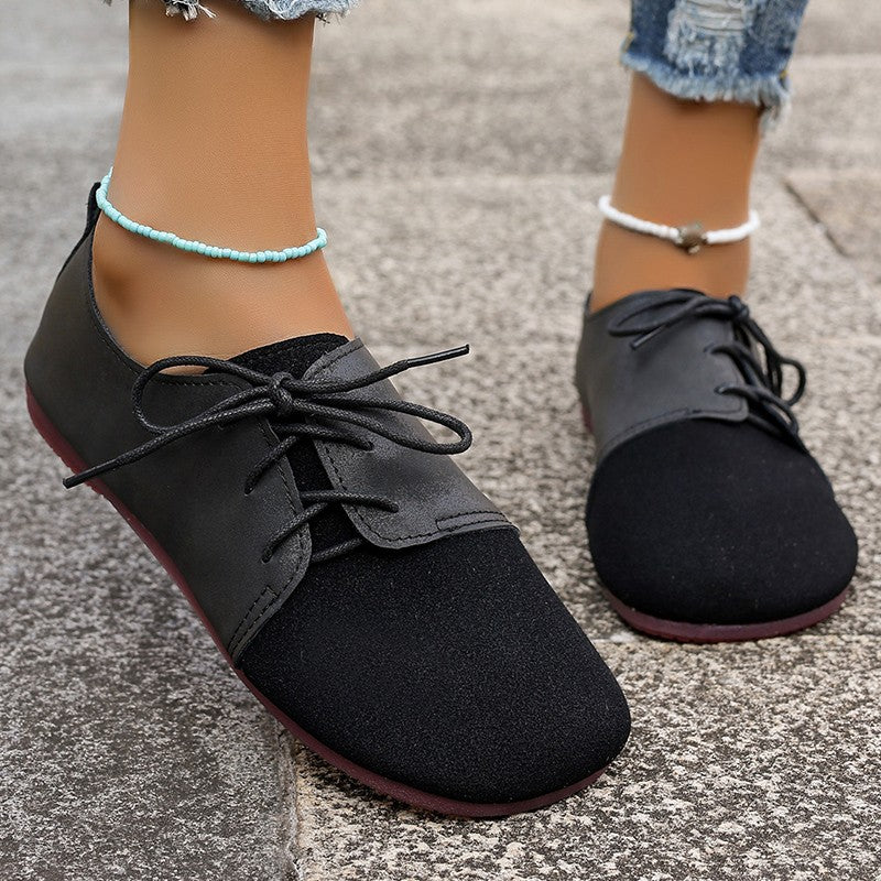 Round Toe Faux Suede Flats Shoes Women Spring Autumn Concise Lace Up Flat Heel Shoes Woman Plus Size Non Slip Casual Shoes Lady