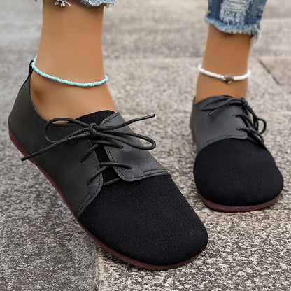 Round Toe Faux Suede Flats Shoes Women Spring Autumn Concise Lace Up Flat Heel Shoes Woman Plus Size Non Slip Casual Shoes Lady