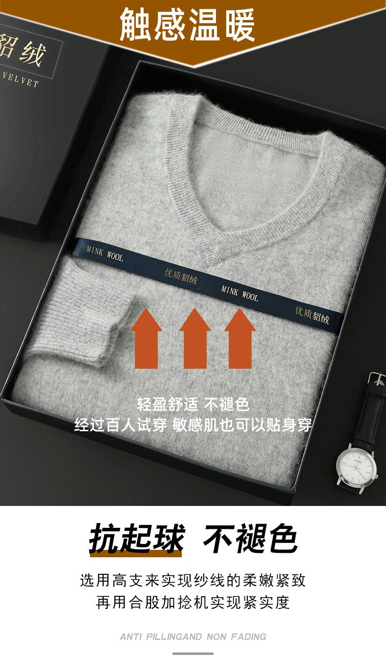 Autumn And Winter New Warm Pure Mink Cashmere Sweater Men's V-neck Pullover Thickened Plus Size Knitted Bottoming Shirt