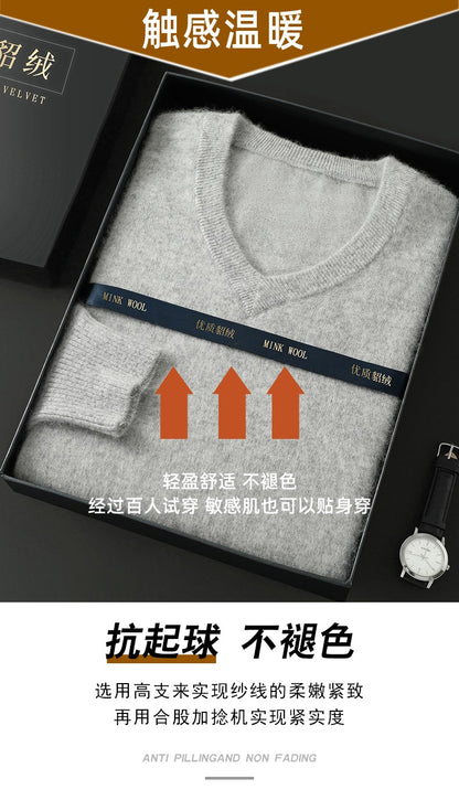 Autumn And Winter New Warm Pure Mink Cashmere Sweater Men's V-neck Pullover Thickened Plus Size Knitted Bottoming Shirt