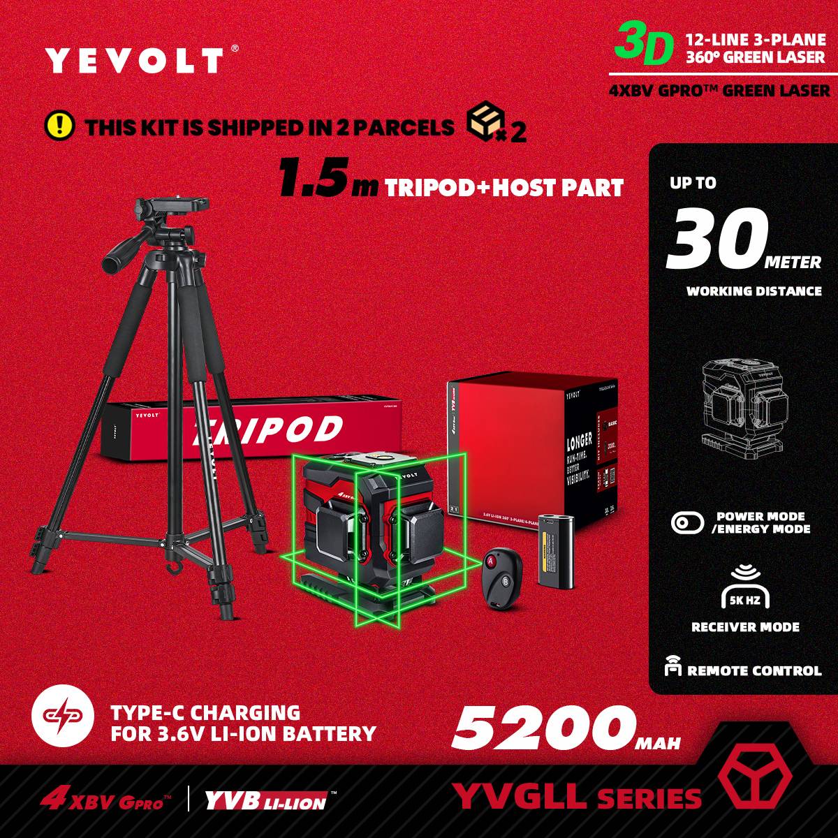 Nível a Laser Verde YEVOLT Série YVGLL4XS12T 3 Planos 12 Linhas Autonivelante 360 3D Horizontal & Vertical Ferramentas de Medição de Energia