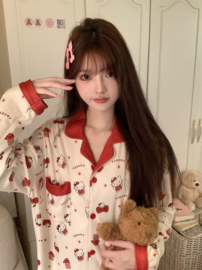 Hello Kitty Women's 2025 Autumn Loose Fit Cardigan Pajama Set Long Sleeve Cozy Home Wear Sleepwear Loungewear Outfit