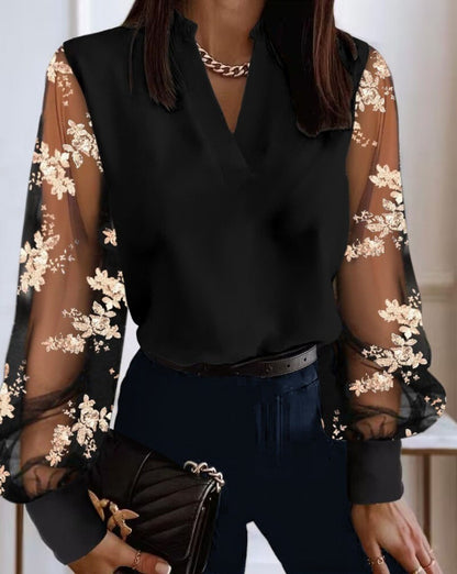 Spring And Autumn Women's Fashionable Round Neck Lace Patchwork Shirt Elegant Long Sleeved Hollow V-neck Loose Fitting Blouse