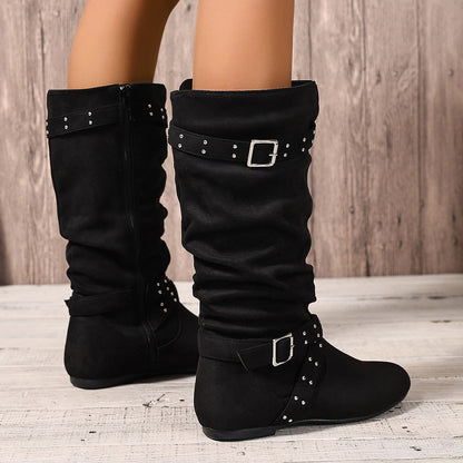 Rivet side zipper buckle flat bottom fashionable solid color comfortable European and American ladies youth mid-calf boots