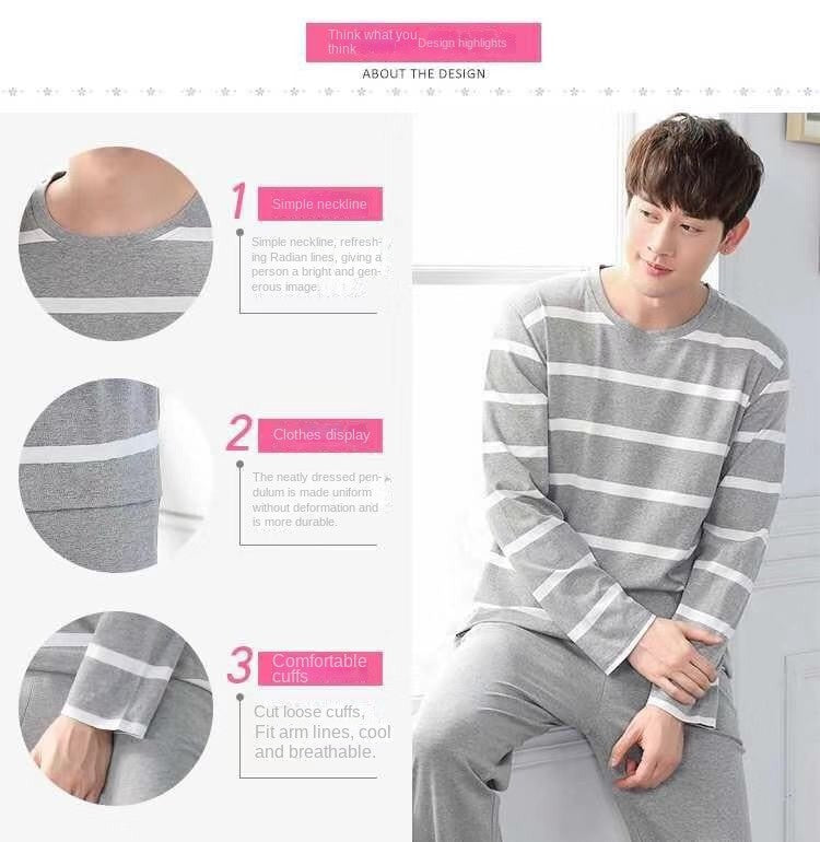 2Pcs/set men's pajamas set of large size long-sleeved long trousers autumn and winter students home clothing round neck autumn m