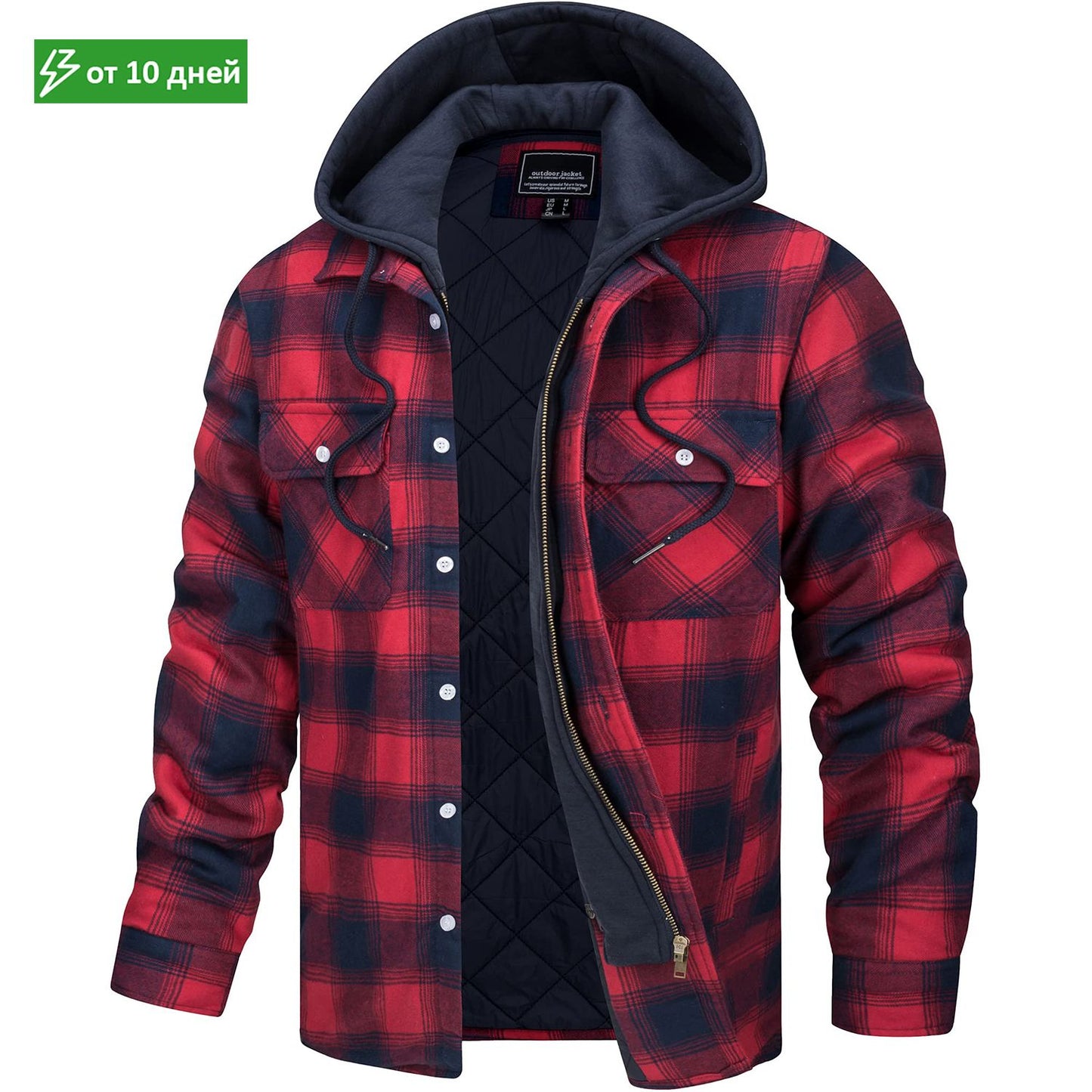 MAGCOMSEN Men's Flannel Jacket with Removable Hood 5 Pockets Plaid Quilted Lined Winter Coats Thick Hoodie Outwear Fleece Jacket