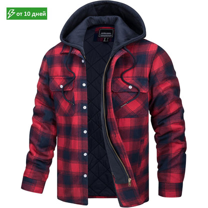 MAGCOMSEN Men's Flannel Jacket with Removable Hood 5 Pockets Plaid Quilted Lined Winter Coats Thick Hoodie Outwear Fleece Jacket