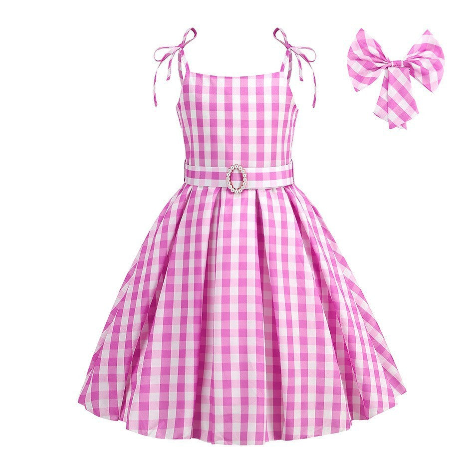 Halloween Hot Movie Margot Robbie Cosplay Baby Pink Plaid Sleeveless Slim Strap Dress Western Cowboy Outfit Full Set
