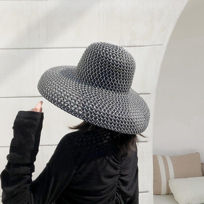 Chapéu de palha de verão PP preto e branco, chapéu de sol, protetor solar, férias, praia, abas largas, chapéu de sol de verão