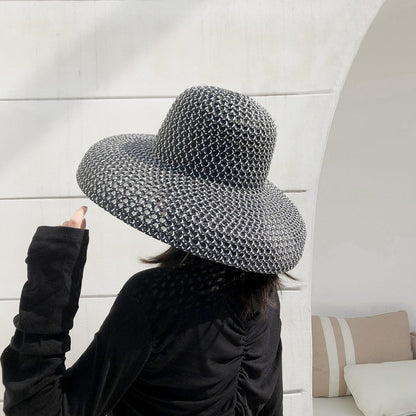 Chapéu de palha de verão PP preto e branco, chapéu de sol, protetor solar, férias, praia, abas largas, chapéu de sol de verão
