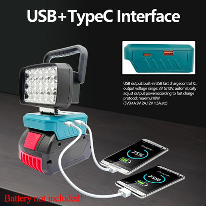 Para Makita Para Milwaukee Para Dewalt Para M18 Para Bosch Bateria de Lítio Estojo Banco de Potência USB Lanternas Holofote Luzes de Trabalho Lâmpada