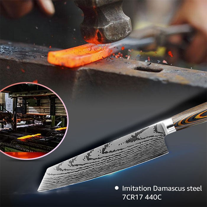 Conjunto de Facas de Cozinha 1-7PÇS Faca de Chef Japonesa Santoku 7CR17 Aço Inoxidável 440C Faca de Imitação de Damasco Cutelo de Carne Fatiador