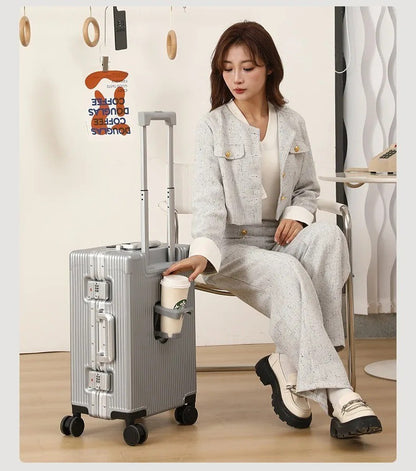 Suitcase Front Opening Pocket Aluminum Alloy Frame Rolling Luggage with USB Charging Plug Trolley Carry-on Case Bag with Wheel