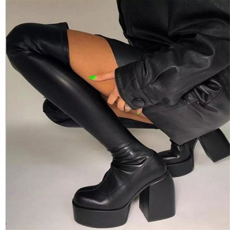 Comemore Women Punk Style Autumn Winter Chunky Platform High Boot Party Shoes Ladies Black Thick Heels Elastic Knee High Boots