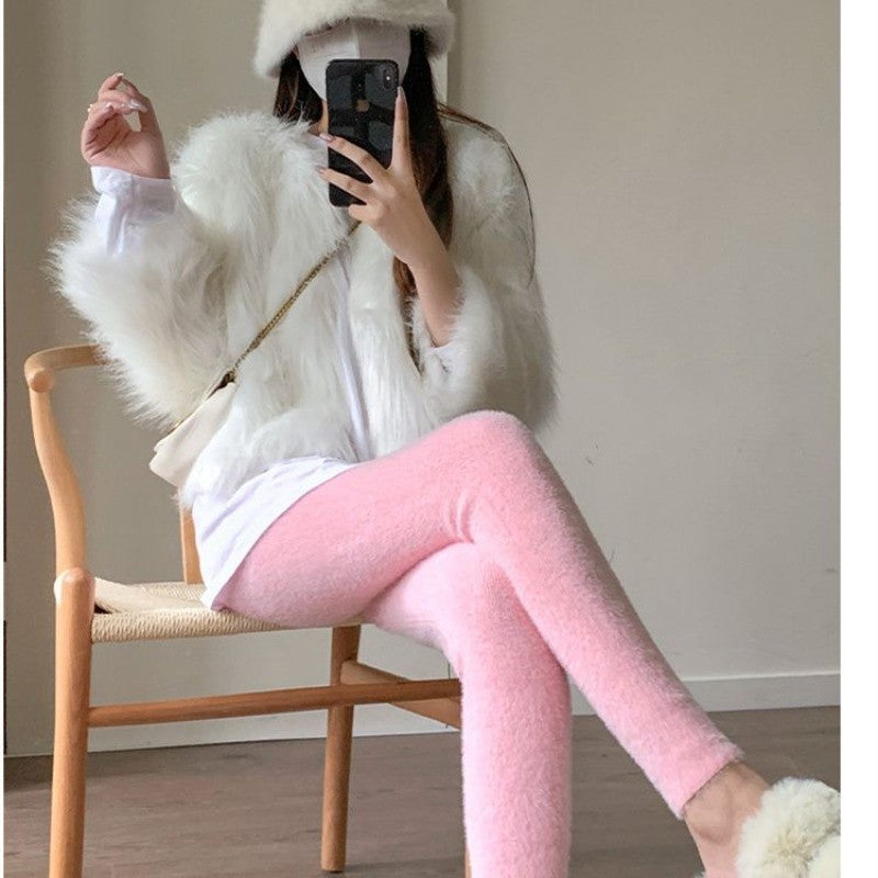Pink Mink Velvet Pants Women High Waist Elasticity Plush Casual Thermal Leggings Tight Knitted Straight Wear Outside Trousers