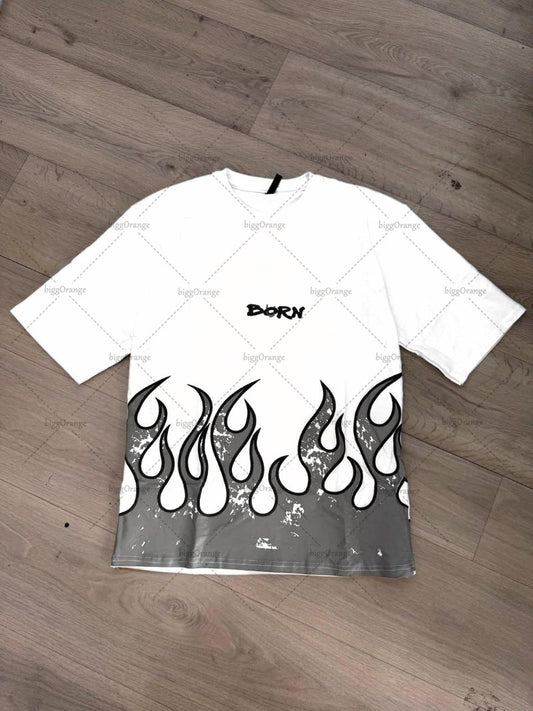 High Street Trendy Clothing Retro Fashion Flame Harajuku Oversized T-shirt Men Street Hip-hop Casual Loose Short Sleeve Women