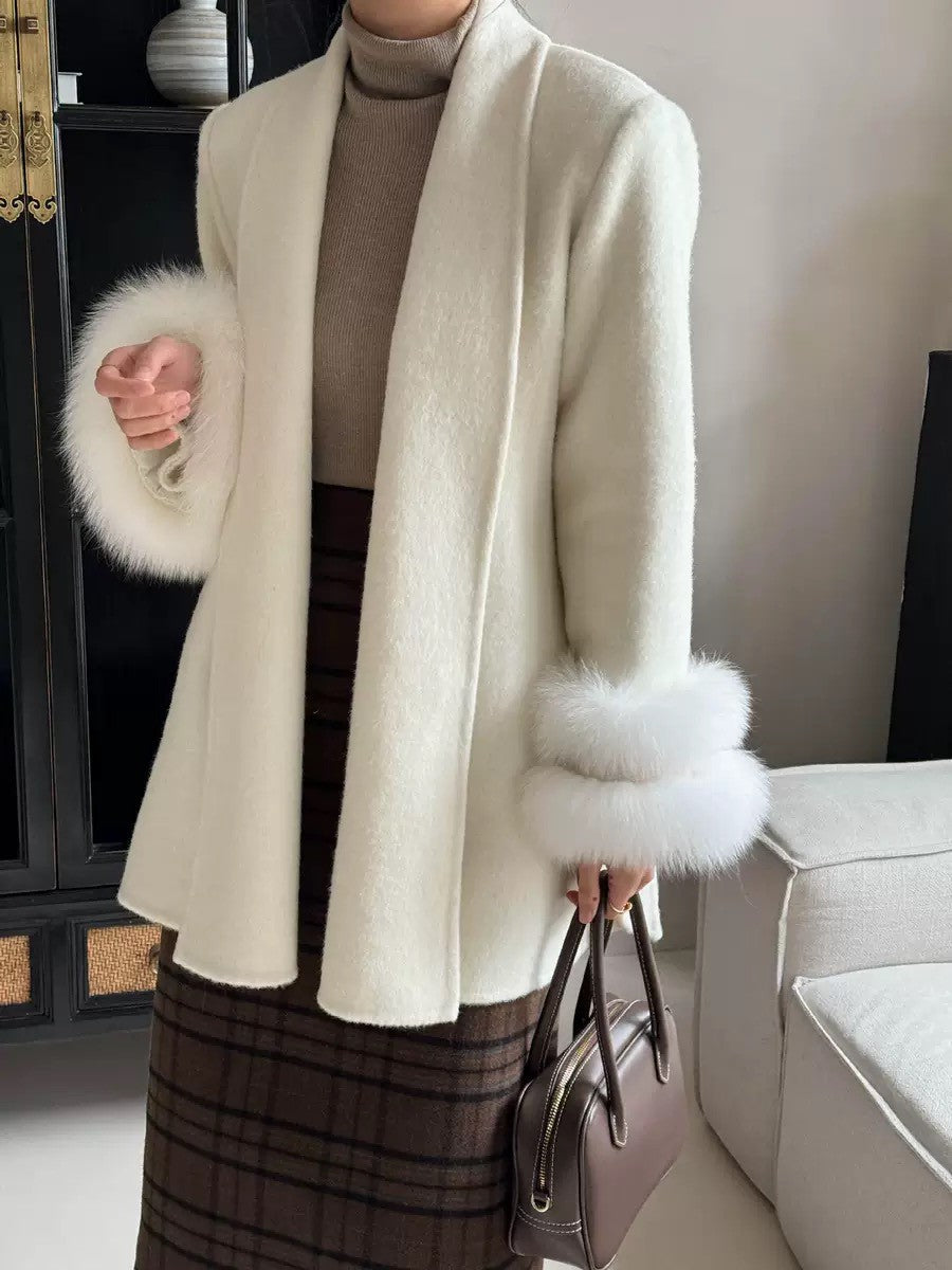 UCXQ Casaco Feminino Elegante OL para Escritório com Retalhos de Pelo Manga Comprida Lã Jaqueta de Roupa Feminina Bonita Outono Inverno 2025