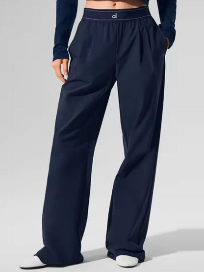 Elastic Waist Solid Fitness Joggers Trousers Women Yoga Sports Wide Leg Pants Women Thin Casual Loose Navy Blue Baggy Sweatpants