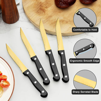 72-Pcs Gold Silverware Sets, Flatware Set with Steak Knives, Stainless Steel Cutlery Set, Include Forks Spoons and Knives Set.