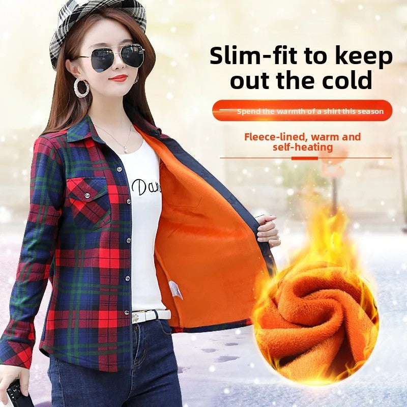 Thickened Fleece Women's Casual Shirt Korean Style All-Match Slim Fit Warm Plaid Elastic Large Size Button down Coat