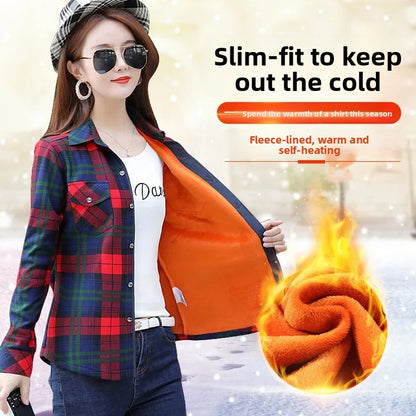 Thickened Fleece Women's Casual Shirt Korean Style All-Match Slim Fit Warm Plaid Elastic Large Size Button down Coat