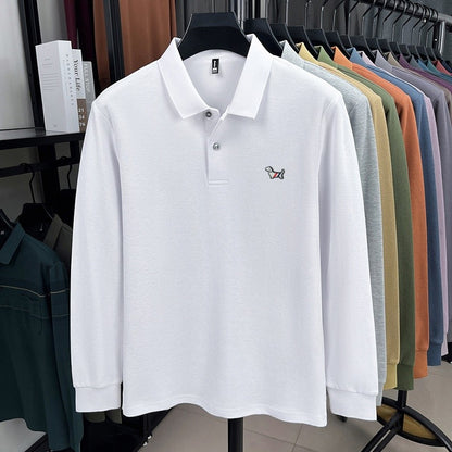100% pure cotton spring and autumn fashionable men's collar striped long sleeved polo shirt with micro seal dog embossed design