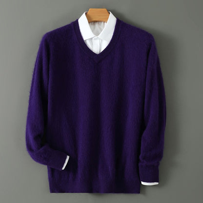 Autumn And Winter New Warm Pure Mink Cashmere Sweater Men's V-neck Pullover Thickened Plus Size Knitted Bottoming Shirt